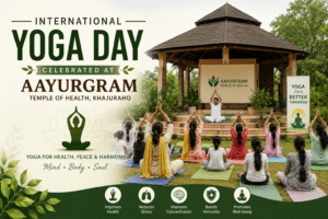 International Yoga Day Celebrated at Aayurgram Temple of Health, Khajuraho https://hummernews.in/